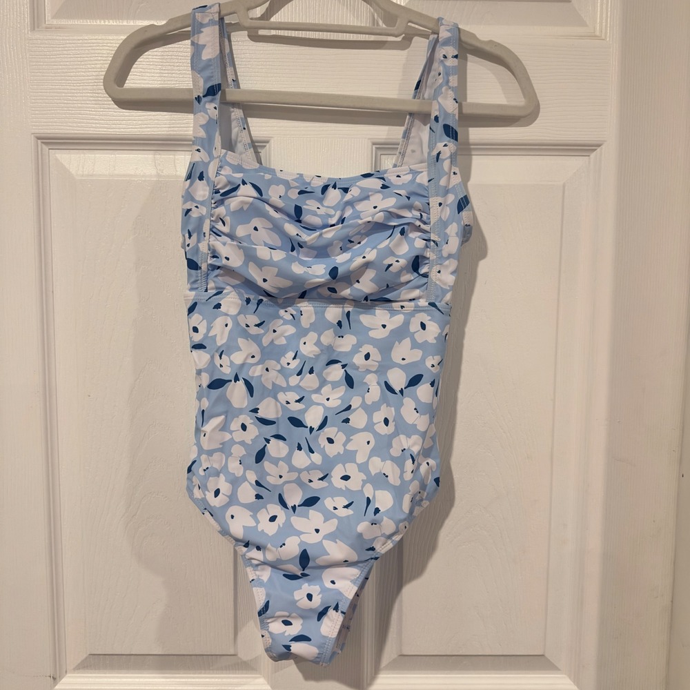 Blue Floral Ruched One Piece Swimsuit Square Neck Size M NWOT